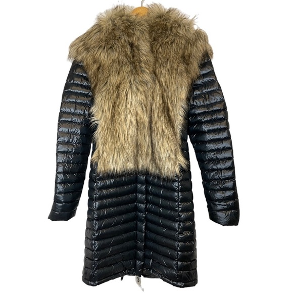 Nwt SNOWMAN NY Puffer Jacket Down Fill Faux Fur Black Long Coat Sz Medium - Picture 1 of 16